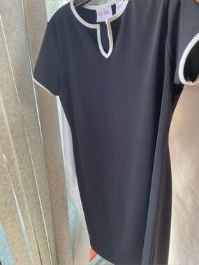 Meg Allen  Black Dress with White Trim Keyhole Neckline